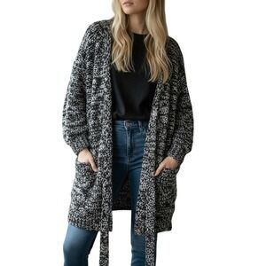 Vertigo Paris Womens Cardigan Sz M Black‎ Marbled Knit Sweater Belted Lagenlook